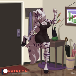 Size: 900x900 | Tagged: suggestive, artist:kevinsano, oc, oc only, oc:zigzag, big cat, feline, hybrid, mammal, skunk, tiger, anthro, digitigrade anthro, 2023, big breasts, black nose, bottomwear, breasts, clothes, detailed background, digital art, door, dress, ears, eyelashes, female, fur, high heels, indoors, nipple outline, open mouth, pose, shoes, solo, solo female, tail, thighs, tongue, wide hips