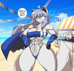 Size: 900x869 | Tagged: safe, artist:mastergodai, oc, oc only, canine, fox, mammal, anthro, 2023, abs, beach, big breasts, black nose, breasts, cape, clothes, commission, detailed background, digital art, ears, eyelashes, female, fur, gris swimsuit meme, hair, hand on hip, meme, muscles, muscular female, one-piece swimsuit, pose, see-through, solo, solo female, swimsuit, tail, thighs, vixen, wide hips