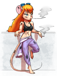 Size: 3000x4000 | Tagged: safe, artist:mykegreywolf, gadget hackwrench (chip 'n dale: rescue rangers), mammal, mouse, rodent, anthro, chip 'n dale: rescue rangers, disney, 2023, barefoot, bedroom eyes, belly button, big breasts, blue eyes, braless, breasts, cigarette, claws, cleavage, clothes, dirty, female, fur, hair, leaning back, long hair, midriff, orange hair, overalls, smoke, smoking, solo, solo female, sweat, tan body, tan fur, thick thighs, thighs, tippy-toes, toe claws, toes, wide hips