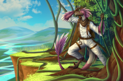 Size: 1600x1047 | Tagged: safe, artist:sunny way, dinosaur, raptor, theropod, anthro, backpack, claws, clothes, cloud, commission, compass, digital art, discovery, feathers, happy, hiking, jungle, machete, male, mountians, outfit, paws, plant, river, sky, smiling, solo, solo male, travel, tree, wallpaper, water, weapon