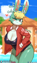 Size: 1328x2233 | Tagged: safe, artist:burgerkiss, sasha (animal crossing), lagomorph, mammal, rabbit, anthro, animal crossing, animal crossing: new horizons, nintendo, 2023, blonde hair, breasts, cleavage, clothes, ears, female, hair, huge breasts, long ears, one-piece swimsuit, rule 63, short tail, solo, solo female, swimsuit, tail, thick thighs, thighs