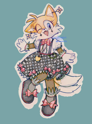 Size: 1535x2048 | Tagged: safe, artist:yuriannecat, miles "tails" prower (sonic), canine, fox, mammal, sega, sonic the hedgehog (series), bottomwear, bow, clothes, cute, dress, ear piercing, eyelashes, false eyelashes, fangs, female, fishnet stockings, jewelry, lipstick, looking at you, makeup, mtf transgender, necklace, one eye closed, outline, piercing, sharp teeth, simple background, solo, solo female, teeth, transgender, winking