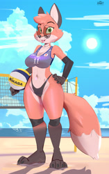 Size: 2300x3670 | Tagged: safe, artist:hinget, oc, oc only, canine, fox, mammal, anthro, digitigrade anthro, 2023, ball, beach, belly button, black nose, bottomwear, breasts, brown body, brown fur, clothes, detailed background, digital art, dipstick tail, ears, eyelashes, female, fur, glasses, green eyes, hair, looking at you, ocean, outdoors, paws, pose, red body, red fur, shorts, socks, solo, solo female, sports bra, sports shorts, standing, sunglasses, tail, thighs, topwear, vixen, volleyball, volleyball net, water, wide hips