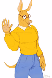 Size: 1993x3000 | Tagged: safe, artist:vexstacy, arthur read (arthur), aardvark, mammal, anthro, arthur (series), pbs, 2023, 2d, bottomwear, clothes, front view, glasses, looking at you, male, older, pants, round glasses, shirt, simple background, smiling, smiling at you, solo, solo male, three-quarter view, topwear, waving, white background