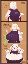 Size: 1664x3869 | Tagged: suggestive, artist:kyurisawa, toriel (undertale), bovid, goat, mammal, anthro, undertale, areola, blushing, breast growth, breasts, clothes, female, huge breasts, panicking, solo, solo female, torn clothes, wardrobe malfunction