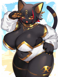 Size: 1300x1750 | Tagged: safe, artist:kishibe_, cat, feline, mammal, anthro, belly, breasts, clothes, female, huge breasts, leotard, solo, solo female, tail, thick thighs, thighs, wide hips