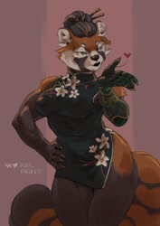 Size: 1448x2048 | Tagged: safe, artist:fur_fruit, mammal, red panda, anthro, big breasts, breasts, cheongsam, chinese dress, clothes, dress, female, muscles, muscular female, solo, solo female, tail, thick thighs, thighs, wide hips