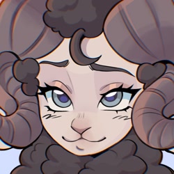 Size: 1500x1500 | Tagged: safe, artist:shambletime, bovid, goat, mammal, anthro, 1:1, ambiguous gender, blue eyes, brown wool, bust, horns, lidded eyes, portrait, smiling, solo