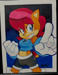 Size: 1578x2048 | Tagged: safe, artist:matt herms, princess sally acorn (sonic), chipmunk, mammal, rodent, anthro, archie sonic the hedgehog, sega, sonic the hedgehog (series), 2023, blue eyes, clothes, female, gloves, hair, red hair, smiling, solo, solo female, tail, teeth