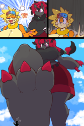 Size: 1000x1500 | Tagged: suggestive, artist:atrocityatwork, oc, oc only, oc:abby, oc:kaja, buizel, fictional species, mammal, zoroark, anthro, nintendo, pokémon, breasts, claws, cleavage, cocky, competition, female, females only, foot focus, giantess, growth, high res, hyper, hyper breasts, hyper feet, looking down, macro, macro/micro, open mouth, paw feet, paws, shocked, size difference, sky, stomp, toe claws, toes