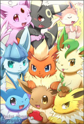 Size: 827x1225 | Tagged: safe, artist:ffxazq, eevee, eeveelution, espeon, fictional species, flareon, glaceon, jolteon, leafeon, mammal, sylveon, umbreon, vaporeon, feral, nintendo, pokémon, 2015, 2d, ambiguous gender, ambiguous only, black body, black fur, blue body, blue eyes, blue fur, brown body, brown fur, cute, cute little fangs, english text, fangs, fur, green hair, group, hair, heart, looking at you, multicolored body, multicolored fur, one eye closed, open mouth, open smile, orange body, orange eyes, orange fur, pink body, pink fur, poké ball, purple eyes, red eyes, signature, smiling, smiling at you, teeth, text, two toned body, two toned fur, winking, yellow body, yellow eyes, yellow fur, yellow hair
