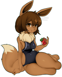 Size: 1200x1488 | Tagged: safe, artist:chickenpres, eevee, eeveelution, fictional species, mammal, anthro, nintendo, pokémon, 2023, breasts, clothes, eating, female, one-piece swimsuit, solo, solo female, swimsuit, tail, thick thighs, thighs, wide hips