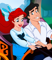 Size: 1386x1600 | Tagged: safe, artist:queen-quail, ariel (the little mermaid), equine, horse, human, mammal, disney, the little mermaid (disney), blue bow, blue dress, carriage, duo, female, hair, horse tail, male, plant, prince eric (the little mermaid), red hair, sky, smiling, tree, white shirt