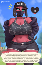 Size: 1945x3000 | Tagged: safe, artist:gammainks, cherry (animal crossing), canine, dog, mammal, anthro, animal crossing, nintendo, 2023, belly button, bottomwear, breasts, cap, clothes, detailed background, dialogue, ears, eyelashes, face mask, female, fur, hair, hand on hip, hat, headwear, huge breasts, jacket, pose, shorts, solo, solo female, tail, talking, talking to viewer, tank top, text, thighs, topwear, wide hips