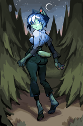 Size: 1558x2364 | Tagged: safe, artist:mossinasi, cat, feline, mammal, anthro, barefoot, big breasts, big butt, blue eyes, blue hair, breasts, butt, clothes, feet, female, forest, hair, jeans, looking at you, looking back, looking back at you, moon, night, night sky, pants, sky, smiling, smiling at you, soles, solo, solo female, stars, thick thighs, thighs, tippy-toes, wide hips
