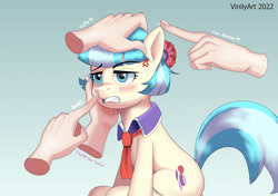 Size: 3280x2312 | Tagged: safe, artist:vinilyart, coco pommel (mlp), earth pony, equine, fictional species, mammal, pony, friendship is magic, hasbro, my little pony, angry, boop, cross-popping veins, cute, female, hand, madorable, mare, noseboop, petting