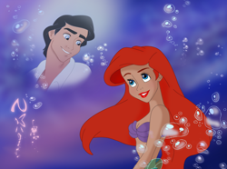 Size: 900x668 | Tagged: safe, artist:nippy13, ariel (the little mermaid), fictional species, fish, human, mammal, mermaid, humanoid, disney, the little mermaid (disney), black hair, bubbles, duo, female, hair, light skin, male, on model, prince eric (the little mermaid), red hair, seashell bra, underwater, water