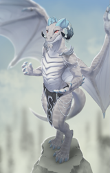 Size: 639x1000 | Tagged: safe, artist:smileeeeeee, dragon, fictional species, reptile, anthro, blizzard entertainment, world of warcraft, 2023, clothes, digital art, female, gray body, horns, loincloth, looking at you, paws, scales, slit pupils, solo, solo female, standing, wings