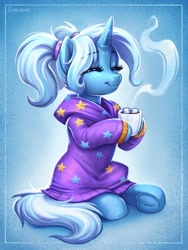 Size: 1200x1600 | Tagged: safe, artist:scheadar, trixie (mlp), equine, fictional species, mammal, pony, unicorn, friendship is magic, hasbro, my little pony, alternate hairstyle, babysitter trixie, chocolate, clothes, cute, drink, eyebrows, eyes closed, female, food, frog (hoof), hair, holding, hoodie, hooves, horn, hot chocolate, mare, marshmallow, pigtails, sitting, solo, solo female, topwear, twintails, underhoof