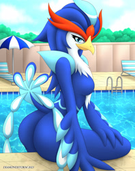 Size: 1708x2157 | Tagged: suggestive, alternate version, artist:diamondstorm, fictional species, quaquaval, anthro, nintendo, pokémon, spoiler:pokémon gen 9, spoiler:pokémon scarlet and violet, 2023, beak, bedroom eyes, breasts, butt, detailed background, ears, eyelashes, featureless breasts, female, fur, hair, looking at you, looking back, looking back at you, nudity, pose, rear view, short tail, sideboob, solo, solo female, starter pokémon, swimming pool, tail, thighs, wide hips