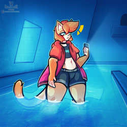 Size: 1920x1920 | Tagged: safe, artist:nagifur, oc, oc:nagi (nagifur), cat, feline, mammal, anthro, backrooms, beige fur, belly button, blue eyes, blue nose, bottomwear, cat ears, cat tail, cell phone, clothes, crop top, femboy, fur, hair, jacket, male, midriff, orange body, orange fur, orange hair, phone, pool, red jacket, short shorts, shorts, smartphone, solo, solo male, standing in water, thick thighs, thighs, topwear, wide hips