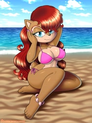 Size: 2700x3600 | Tagged: safe, artist:omegasunburst, princess sally acorn (sonic), chipmunk, mammal, rodent, anthro, plantigrade anthro, archie sonic the hedgehog, sega, sonic the hedgehog (series), 2023, anklet, beach, big breasts, bikini, blue eyes, breasts, brown body, brown fur, clothes, eyelashes, feet, female, fur, glistening, glistening body, glistening breasts, hair, long hair, looking at you, outdoors, red hair, side-tie bikini, smiling, solo, solo female, swimsuit, tan body, tan fur