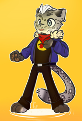Size: 484x709 | Tagged: safe, artist:lake reu, cat, feline, mammal, anthro, 3 toes, bottomwear, chibi, clothes, digital art, ears, fur, gray body, gray fur, jacket, male, pants, paws, simple background, solo, solo male, spots, spotted fur, tail, topwear, yellow background
