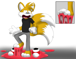 Size: 4500x3500 | Tagged: safe, artist:mrsilveralpha, miles "tails" prower (sonic), canine, fox, mammal, red fox, anthro, sega, sonic the hedgehog (series), 2022, 3 toes, blue eyes, bottomwear, cheek fluff, clothes, cute, cute little fangs, fangs, fetish, fluff, foot fetish, gloves, male, multiple tails, pants, paws, shirt, shoes, solo, solo male, stuck, tail, teeth, topwear, two tails