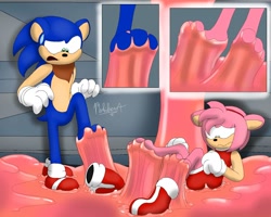 Size: 1500x1200 | Tagged: safe, artist:mrsilveralpha, amy rose (sonic), sonic the hedgehog (sonic), hedgehog, mammal, anthro, sega, sonic the hedgehog (series), 2023, 3 toes, blue body, blue fur, clothes, duo, duo male and female, eyelashes, feet, female, fetish, foot fetish, fur, gloves, goo, green eyes, male, paws, pink body, pink fur, red dress, stuck
