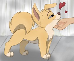 Size: 920x767 | Tagged: safe, artist:yosshi, angel (lady and the tramp), canine, dog, human, mammal, pomeranian, feral, disney, lady and the tramp, ambiguous gender, female, fence, fur, hand, heart, red hearts, sidewalk, solo, solo female, under the chin, yellow body, yellow fur