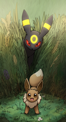Size: 1098x2000 | Tagged: safe, artist:otakuap, eevee, eeveelution, fictional species, mammal, umbreon, feral, nintendo, pokémon, 2023, ambiguous gender, ambiguous only, colored sclera, detailed background, duo, duo ambiguous, fluff, grass, neck fluff, open mouth, red sclera, tail, tall grass, tongue