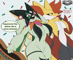 Size: 2122x1736 | Tagged: safe, artist:knightmnlight98, delphox, fictional species, meowscarada, anthro, nintendo, pokémon, spoiler:pokémon gen 9, spoiler:pokémon scarlet and violet, 2023, black nose, breasts, clothes, detailed background, digital art, duo, duo female, ear fluff, ears, eyelashes, featureless crotch, female, females only, fluff, fur, hat, headwear, hip fluff, mask, mexico, neck fluff, open mouth, pose, shoulder fluff, starter pokémon, thighs, tongue, wide hips
