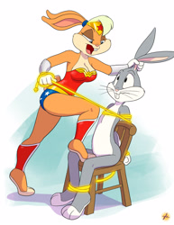 Size: 2550x3300 | Tagged: safe, artist:furboz, bugs bunny (looney tunes), lola bunny (looney tunes), wonder woman (dc comics), lagomorph, mammal, rabbit, anthro, digitigrade anthro, dc comics, looney tunes, warner brothers, 2023, 3 toes, anthro/anthro, bedroom eyes, breasts, buckteeth, chair, clothes, cosplay, costume, digital art, duo, duo male and female, ears, eyelashes, female, fur, halloween, halloween costume, lasso, looking down, male, male/female, open mouth, paws, pink nose, pose, simple background, sitting, teeth, thighs, tied up, tongue, wide hips