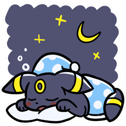 Size: 512x512 | Tagged: safe, artist:endwl, eeveelution, fictional species, mammal, umbreon, feral, nintendo, pokémon, 2023, 2d, ambiguous gender, blanket, crescent moon, cute, double outline, eyes closed, moon, night, night sky, nightcap, pillow, pixiv, simple background, sky, sleeping, solo, solo ambiguous, stars, transparent background