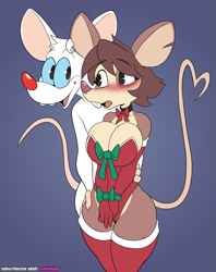 Size: 1709x2155 | Tagged: suggestive, artist:cooliehigh, julia (animaniacs), pinky (animaniacs), mammal, mouse, rodent, anthro, animaniacs, warner brothers, 2022, animaniacs (2020), big breasts, black nose, breasts, christmas, clothes, duo, duo male and female, ears, evening gloves, eyelashes, female, fur, gloves, hair, holiday, legwear, leotard, long gloves, looking at you, looking back, looking back at you, male, open mouth, pose, red nose, simple background, stockings, tail, thighs, tongue, wide hips