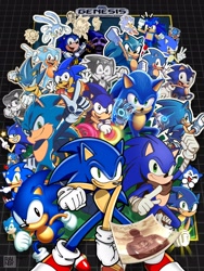 Size: 1536x2048 | Tagged: safe, artist:rainsyart, classic sonic, nicky the hedgehog (sonic), sonic the hedgehog (sonic), hedgehog, lagomorph, mammal, rabbit, anthro, adventures of sonic the hedgehog, archie sonic the hedgehog, cartoon network, cookie run, idw sonic the hedgehog, lego, minecraft, ok k.o.! let's be heroes, sega, sega genesis, sonic boom (series), sonic mania, sonic prime, sonic the comic, sonic the hedgehog (satam), sonic the hedgehog (series), sonic the hedgehog manga, sonic the hedgehog movie, sonic the hedgehog ova, sonic underground, sonic x, 2023, anniversary, black eyes, blue body, blue fur, chibi, clothes, cream belly, crossover, fangs, feels the rabbit (sonic), fur, gesture, glasses, gloves, green eyes, guitar, looking at you, male, males only, musical instrument, one eye closed, open mouth, peace sign, power ring (sonic), quills, self paradox, sharp teeth, shoes, smiling, smiling at you, tail, teeth, winking