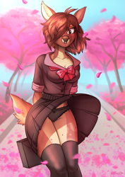 Size: 2421x3425 | Tagged: safe, artist:kastoluza1, oc, oc only, cervid, deer, mammal, anthro, 2023, adorasexy, black underwear, blushing, bottomwear, bow, breasts, clothes, commission, cute, detailed background, digital art, doe, ears, eyelashes, female, frilly underwear, fur, hair, legwear, panties, pose, school uniform, schoolgirl, sexy, shirt, skirt, solo, solo female, stockings, tail, thick thighs, thigh highs, thighs, topwear, underskirt, underwear, upskirt, wide hips, ych result, zettai ryouiki