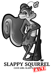 Size: 621x900 | Tagged: safe, artist:boskocomicartist, mammal, rodent, squirrel, anthro, animaniacs, warner brothers, 1930s, 2015, black and white, cavegirl, clothes, club (weapon), female, fur, grayscale, hat, headwear, midriff, monochrome, simple background, slappy squirrel (animaniacs), solo, solo female, tail, text, transparent background, younger