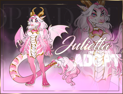 Size: 1481x1130 | Tagged: safe, artist:kiliankuro, oc, dragon, fictional species, anthro, adoptable, auction, digital art, ears, female, hair, horns, looking at you, paws, pink body, pink hair, scales, solo, solo female, standing, tail, wings