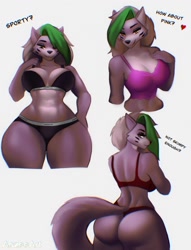 Size: 1176x1543 | Tagged: safe, artist:aozee, roxanne wolf (fnaf), canine, mammal, wolf, anthro, five nights at freddy's, five nights at freddy's: security breach, 2023, bedroom eyes, belly button, big breasts, black nose, bottomwear, bra, breasts, butt, clothes, digital art, ears, eyelashes, female, fur, green hair, hair, looking at you, panties, picture-in-picture, rear view, shirt, shorts, sideboob, simple background, solo, solo female, sports bra, sports shorts, tail, thighs, topwear, underwear, wedgie, white background, wide hips