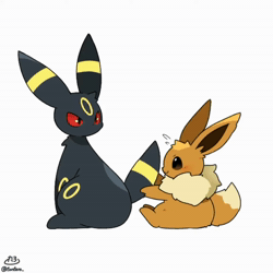 Size: 1080x1080 | Tagged: safe, artist:tontaro, eevee, eeveelution, fictional species, mammal, umbreon, anthro, nintendo, pokémon, 2023, 2d, 2d animation, ambiguous gender, ambiguous only, animated, black body, black fur, black nose, brown body, brown fur, bushy tail, casual nudity, colored sclera, complete nudity, cute, digital art, duo, duo ambiguous, ear twitch, ears, emanata, fluff, fur, grooming, hair, neck fluff, nudity, paws, red sclera, signature, simple background, sitting, sound, tail, tail fluff, tail wag, thighs, webm