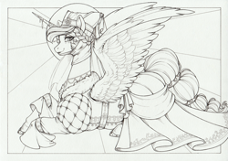 Size: 1925x1356 | Tagged: safe, artist:longinius, princess celestia (mlp), alicorn, equine, fictional species, mammal, pony, feral, friendship is magic, hasbro, my little pony, armor, feathers, horn, sitting, tail, traditional art, wings