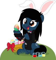 Size: 4662x5000 | Tagged: safe, alternate version, artist:jhayarr23, earth pony, equine, fictional species, mammal, pony, feral, bring me the horizon, friendship is magic, hasbro, my little pony, oliver sykes, 2023, absurd resolution, animal costume, bunny costume, bunny ears, clothes, commission, costume, easter, easter egg, egg, equestria girls ponified, happy, holding, holiday, hoodie, hoof hold, hooves, lip piercing, long sleeves, male, outdoors, paintbrush, piercing, ponified, simple background, sitting, solo, solo male, stallion, tattoo, topwear, transparent background, underhoof, ych result