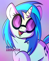 Size: 2000x2500 | Tagged: safe, artist:edgyanimator, vinyl scratch (mlp), equine, fictional species, mammal, pony, unicorn, feral, friendship is magic, hasbro, my little pony, blue hair, blue mane, bust, cel shading, cute, eyelashes, female, firealpaca, front view, glasses, hair, head tilt, hidden eyes, high res, hooves, horn, looking at you, mane, mare, open mouth, open smile, portrait, raised hoof, shading, signature, simple background, simple shading, smiling, solo, solo female, sternocleidomastoid, sunglasses, tail, teeth