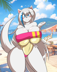 Size: 900x1143 | Tagged: safe, artist:mastergodai, oc, oc only, canine, fox, mammal, wolf, anthro, 2023, beach, big breasts, black nose, blushing, breast squish, breasts, clothes, commission, detailed background, digital art, ears, eyelashes, female, fur, gris swimsuit meme, hair, huge breasts, looking at you, meme, one-piece swimsuit, pose, see-through, solo, solo female, swimsuit, tail, thighs, vixen, wide hips