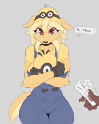 Size: 918x1146 | Tagged: safe, artist:cooliehigh, oc, oc:pepper (cooliehigh), canine, dog, fictional species, mammal, minions (despicable me), anthro, despicable me, 2022, breasts, clothes, costume, crying, digital art, ears, eyelashes, female, hair, hug, minion costume, plushie, pose, sad, simple background, sketch, solo, solo female, tail, thighs, this will not end well, toy, wide hips