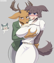 Size: 1103x1280 | Tagged: suggestive, artist:cooliehigh, juno (beastars), legoshi (beastars), louis (beastars), canine, cervid, deer, mammal, wolf, anthro, beastars, 2022, anthro/anthro, antlers, big breasts, black nose, blushing, bottomwear, breast grab, breasts, clothes, digital art, dress, duo, duo male and female, ears, eyelashes, female, grope, male, male/female, necktie, open mouth, pants, pose, school uniform, sharp teeth, shirt, tail, teeth, thighs, tongue, topwear, wide hips