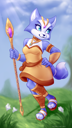 Size: 1440x2560 | Tagged: safe, artist:missmccloud, canine, fox, mammal, anthro, 2023, armlet, blue body, blue fur, bracelet, breasts, choker, circlet, clothes, dinosaur planet, dipstick tail, feet, female, fur, hand on hip, jewelry, krystal (dinosaur planet), krystal's staff, pendant, sandals, shoes, small breasts, solo, solo female, staff, tail, teal eyes, vixen, white body, white fur