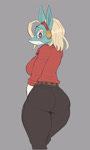 Size: 764x1280 | Tagged: safe, artist:cooliehigh, canine, fox, mammal, anthro, my hero academia (series), 2022, bedroom eyes, big breasts, blushing, bottomwear, breasts, butt, clothes, digital art, ears, eyelashes, female, hair, ippan josei (my hero academia), looking at you, looking back, looking back at you, pants, pose, rear view, scales, shirt, sideboob, simple background, sketch, solo, solo female, tail, thighs, topwear, wide hips