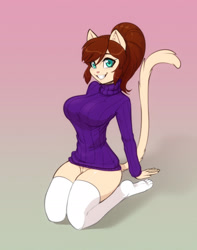 Size: 1702x2164 | Tagged: safe, artist:scorpdk, oc, oc only, cat, feline, mammal, anthro, digitigrade anthro, 2023, breasts, clothes, digital art, ears, eyelashes, female, fur, hair, kneeling, legwear, looking at you, panties, pink nose, pose, simple background, smiling, smiling at you, solo, solo female, stockings, sweater, thighs, topwear, underwear, wide hips